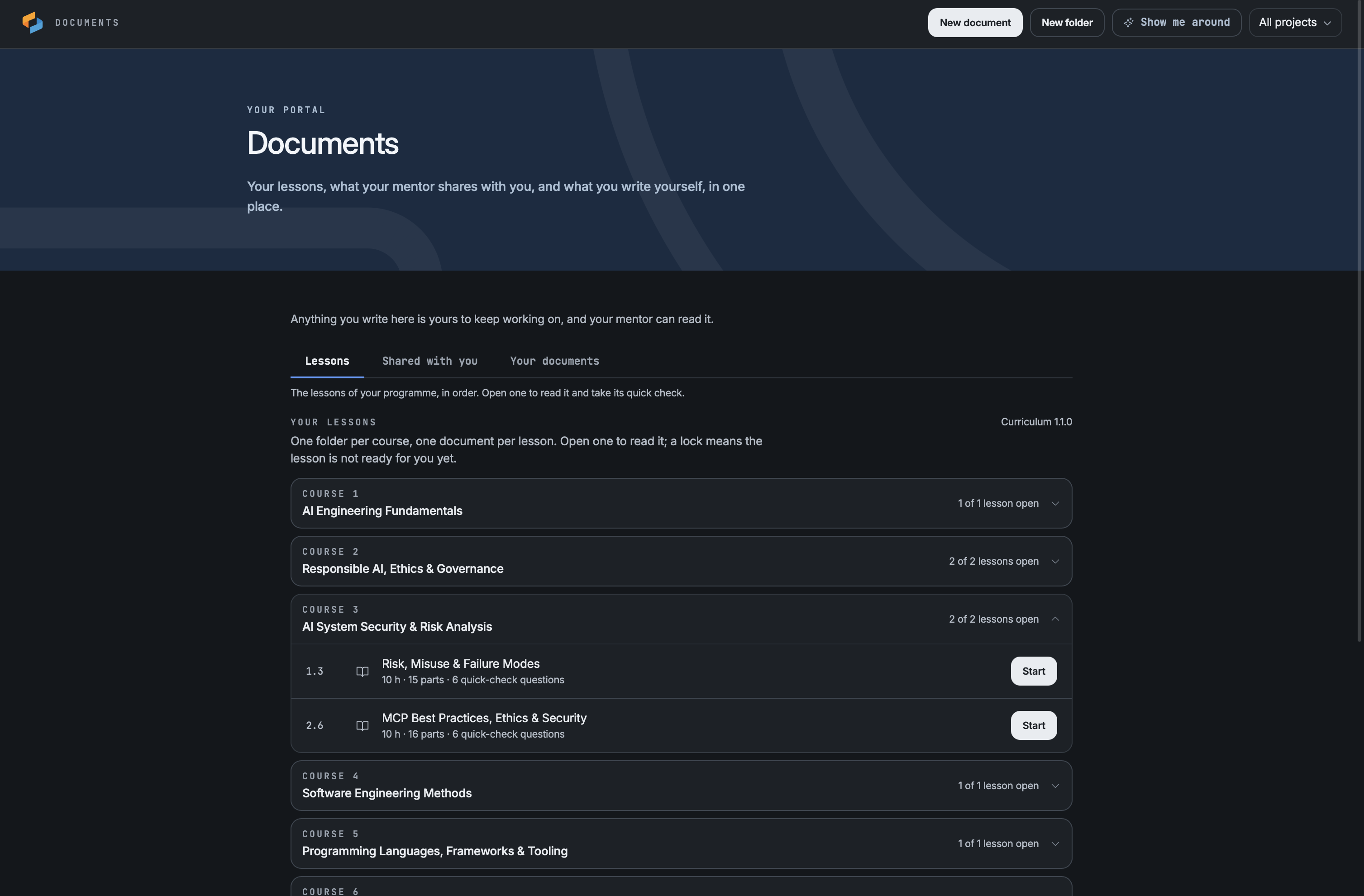 The apprentice's portal on its Lessons tab: one folder per course, one course opened to show two lessons with their hours, parts and quick-check counts, each with a Start button